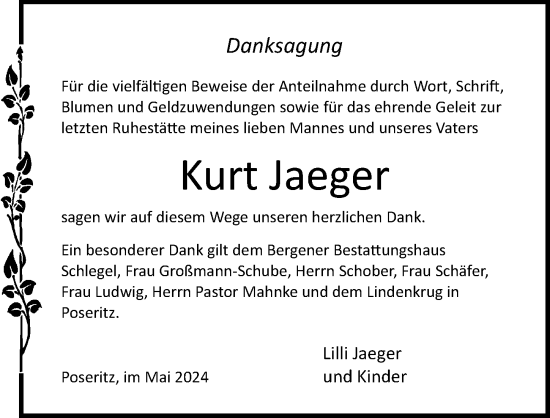 Traueranzeige von Kurt Jaeger von Ostsee-Zeitung GmbH