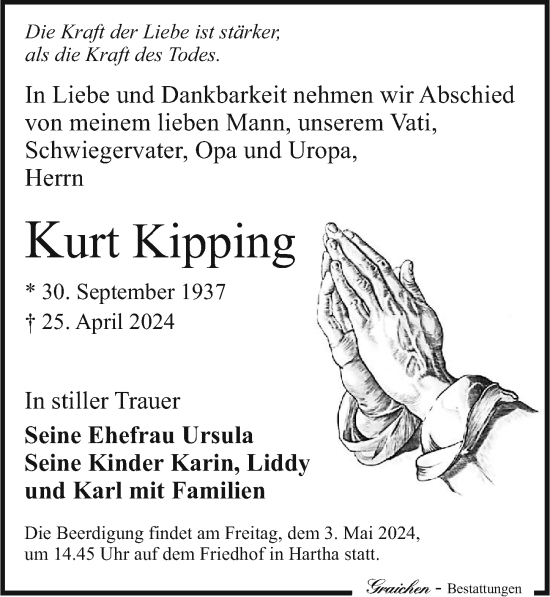 Traueranzeige von Kurt Kipping von Leipziger Volkszeitung