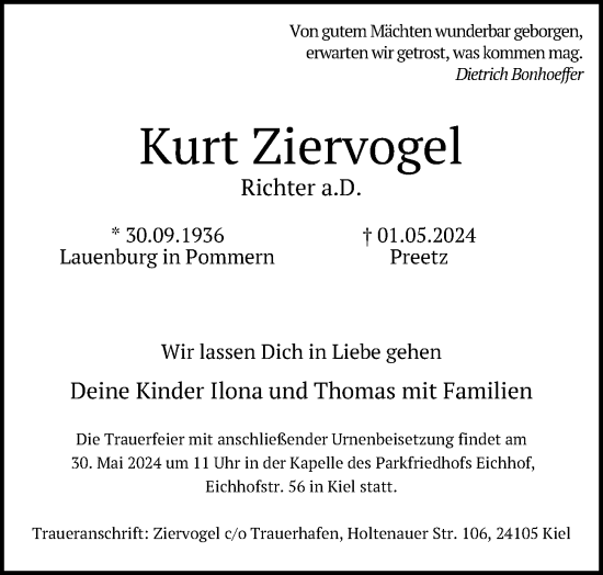 Traueranzeige von Kurt Ziervogel von Kieler Nachrichten