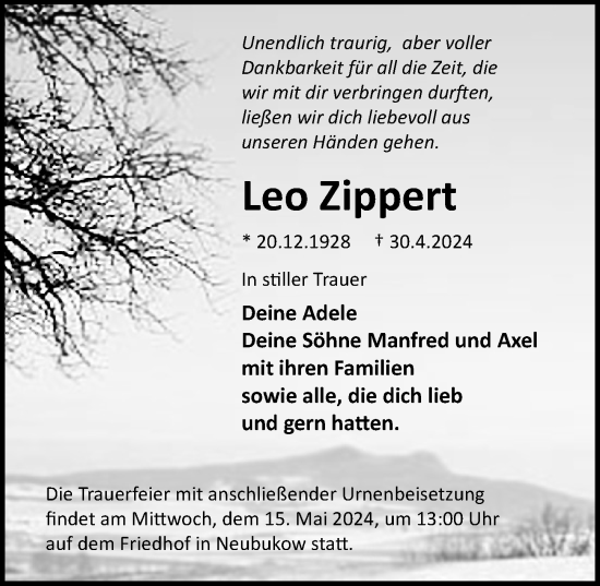 Traueranzeige von Leo Zippert von Ostsee-Zeitung GmbH