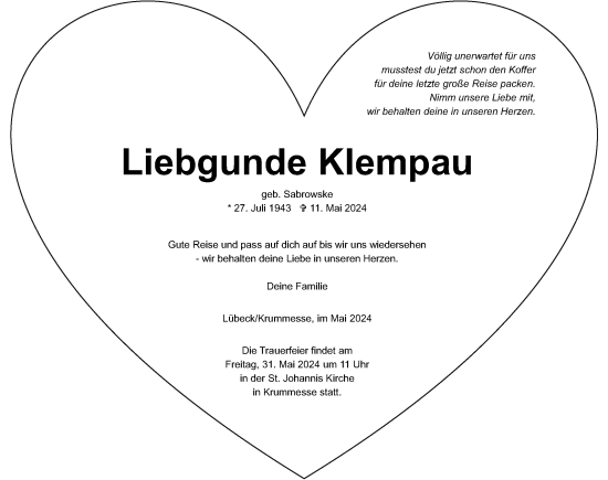 Traueranzeige von Liebgunde Klempau von Lübecker Nachrichten