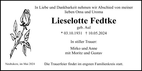 Traueranzeige von Lieselotte Fedtke von Ostsee-Zeitung GmbH