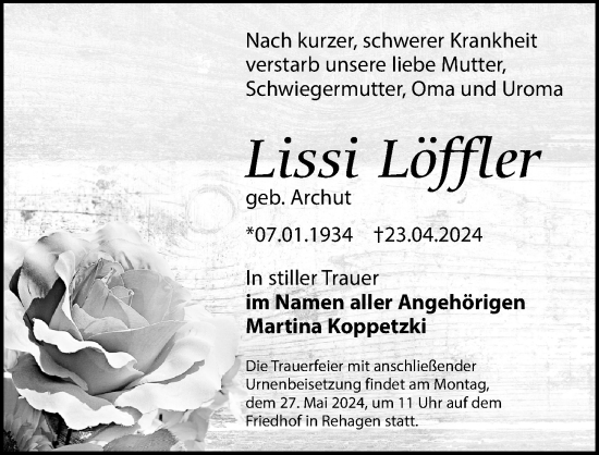 Traueranzeige von Lissi Löffler von Märkischen Allgemeine Zeitung