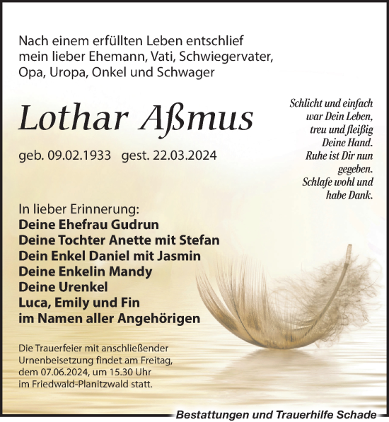 Traueranzeige von Lothar Aßmus von Leipziger Volkszeitung