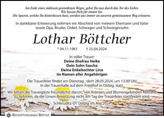 Traueranzeige von Lothar Böttcher von Leipziger Volkszeitung