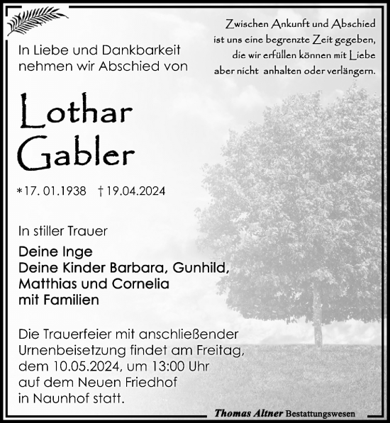 Traueranzeige von Lothar Gabler von Leipziger Volkszeitung