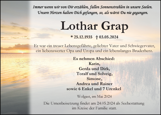 Traueranzeige von Lothar Grap von Ostsee-Zeitung GmbH