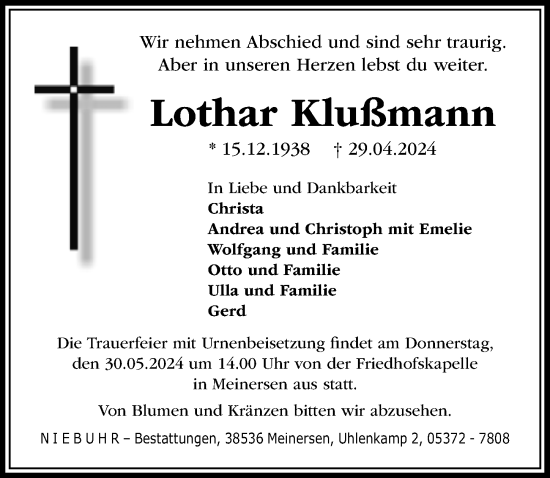 Traueranzeige von Lothar Klußmann von Aller Zeitung