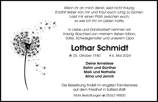 Traueranzeige von Lothar Schmidt von Aller Zeitung