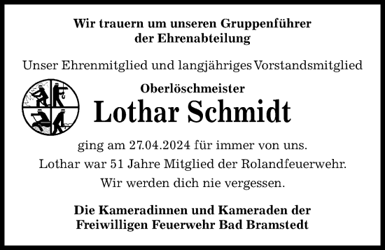 Traueranzeige von Lothar Schmidt von Kieler Nachrichten
