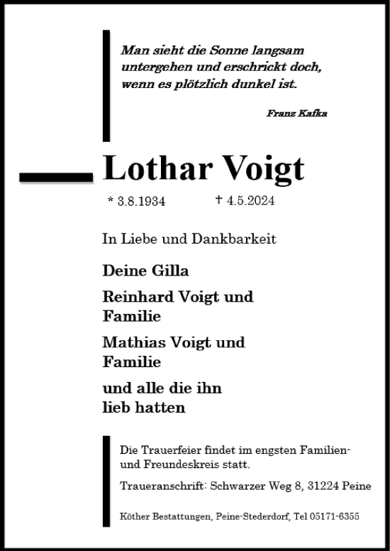 Traueranzeige von Lothar Voigt von Peiner Allgemeine Zeitung