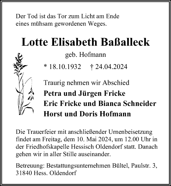 Traueranzeige von Lotte Elisabeth Baßalleck von Schaumburger Zeitung/ Landes-Zeitung