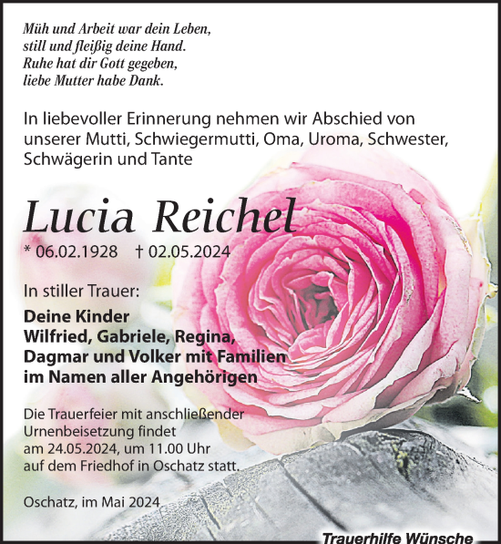 Traueranzeige von Lucia Reichel von Leipziger Volkszeitung