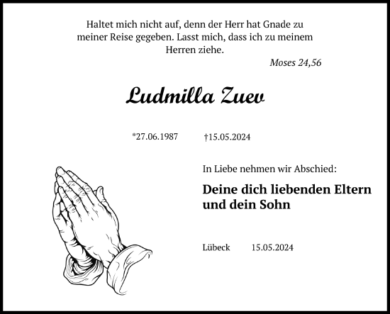 Traueranzeige von Ludmilla Zuev von Lübecker Nachrichten
