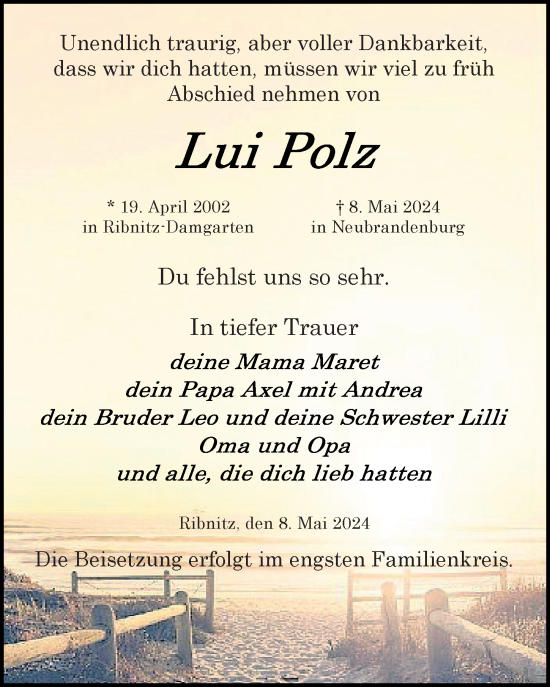 Traueranzeige von Lui Polz von Ostsee-Zeitung GmbH