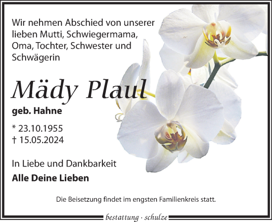 Traueranzeige von Mädy Plaul von Leipziger Volkszeitung