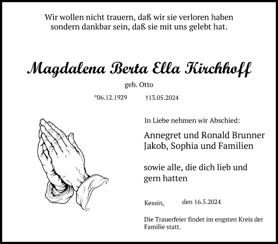 Traueranzeige von Magdalena Berta Ella Kirchhoff von Ostsee-Zeitung GmbH