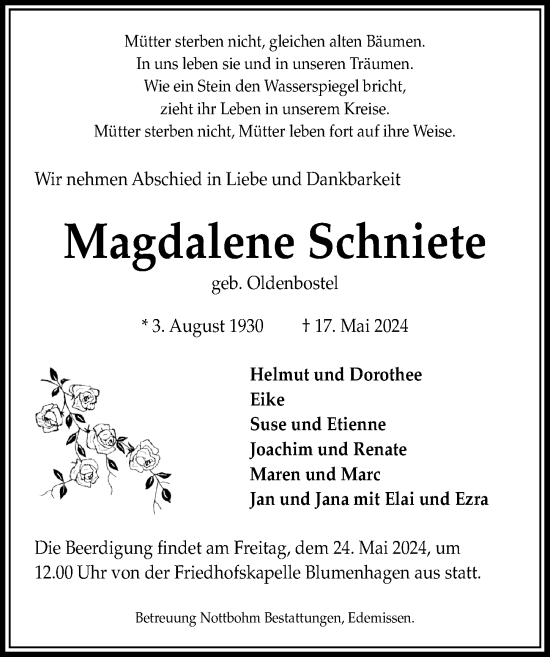 Traueranzeige von Magdalene Schniete von Peiner Allgemeine Zeitung