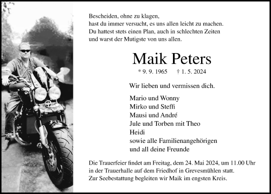 Traueranzeige von Maik Peters von Ostsee-Zeitung GmbH