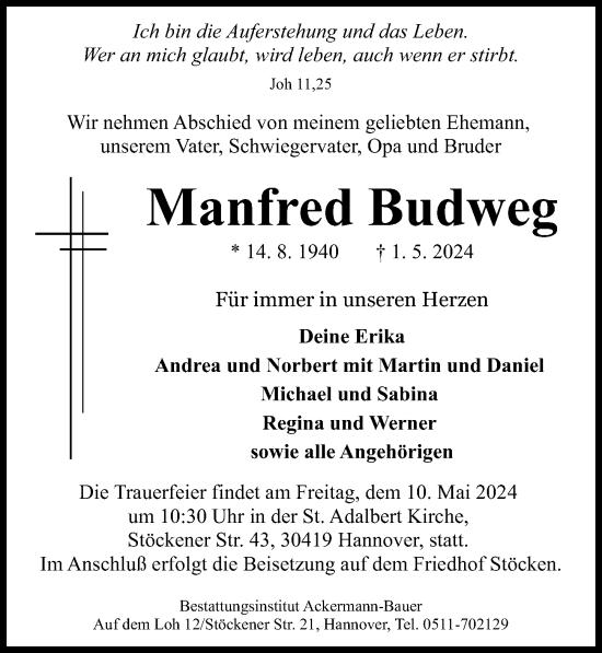 Traueranzeige von Manfred Budweg von Hannoversche Allgemeine Zeitung/Neue Presse