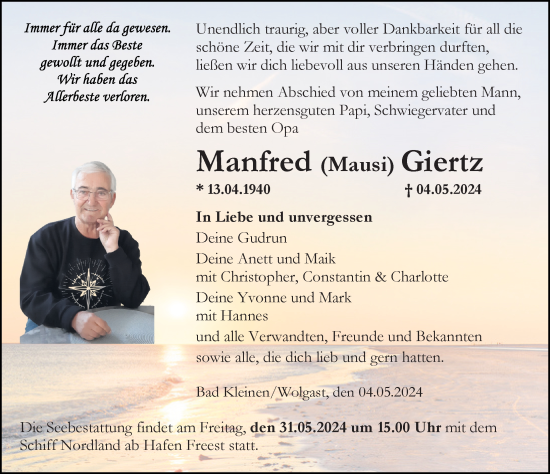 Traueranzeige von Manfred Giertz von Ostsee-Zeitung GmbH