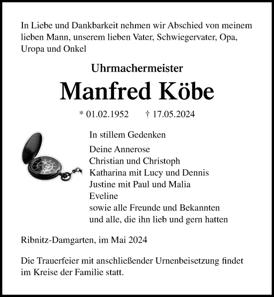 Traueranzeige von Manfred Köbe von Ostsee-Zeitung GmbH