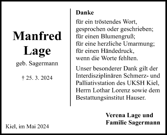 Traueranzeige von Manfred Lage von Kieler Nachrichten