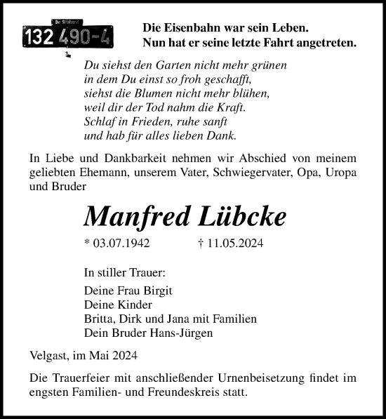 Traueranzeige von Manfred Lübcke von Ostsee-Zeitung GmbH