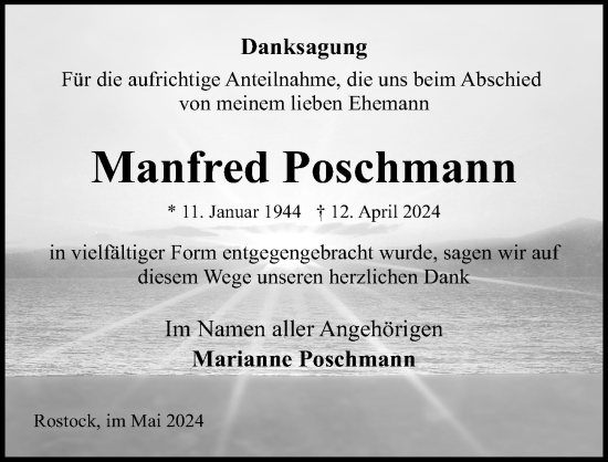 Traueranzeige von Manfred Poschmann von Ostsee-Zeitung GmbH