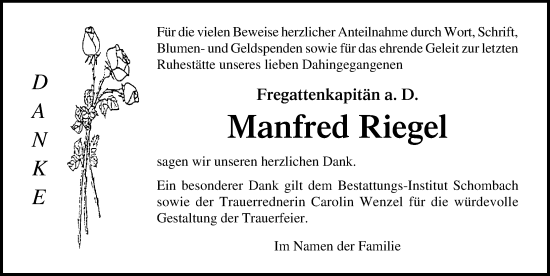 Traueranzeige von Manfred Riegel von Ostsee-Zeitung GmbH