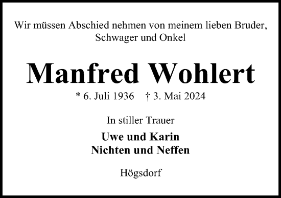 Traueranzeige von Manfred Wohlert von Kieler Nachrichten