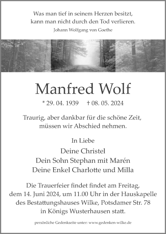 Traueranzeige von Manfred Wolf von Märkischen Allgemeine Zeitung