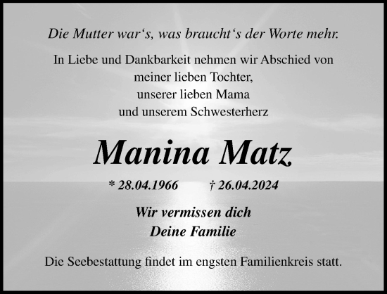 Traueranzeige von Manina Matz von Ostsee-Zeitung GmbH