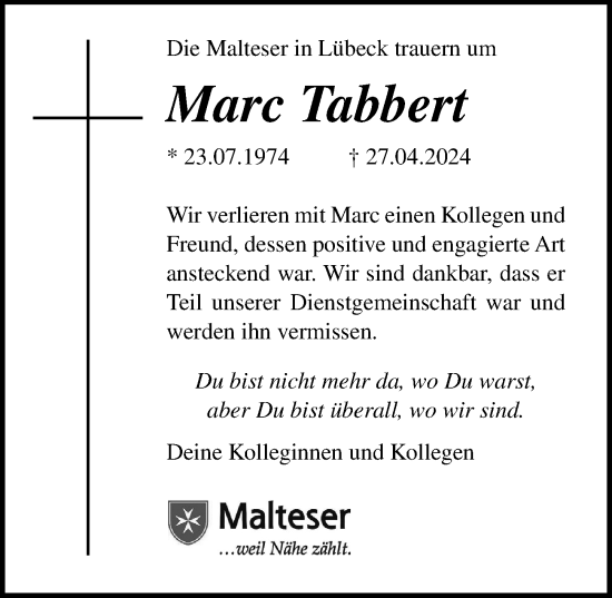Traueranzeige von Marc Tabbert von Lübecker Nachrichten