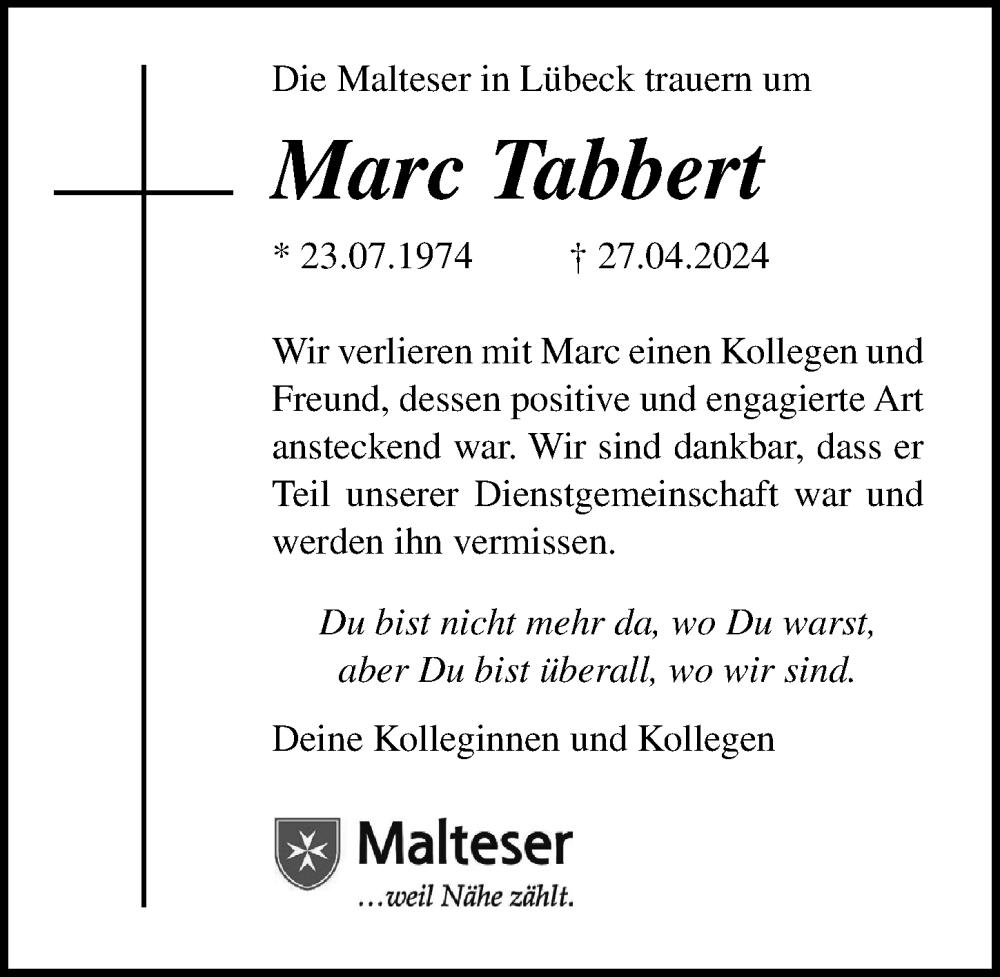  Traueranzeige für Marc Tabbert vom 05.05.2024 aus Lübecker Nachrichten
