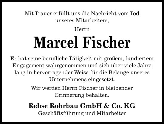 Traueranzeige von Marcel Fischer von Kieler Nachrichten