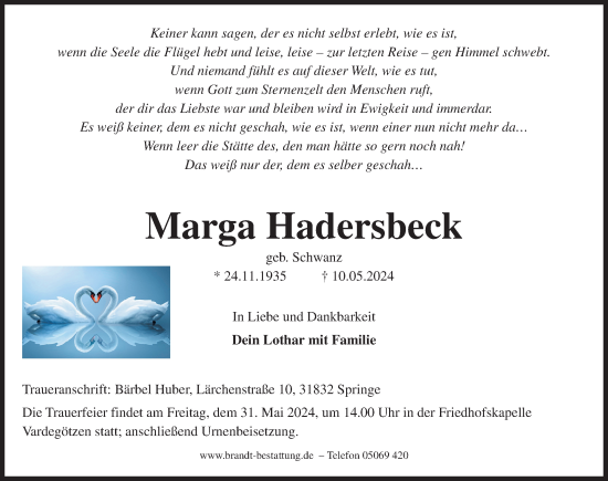 Traueranzeige von Marga Hadersbeck von Hannoversche Allgemeine Zeitung/Neue Presse