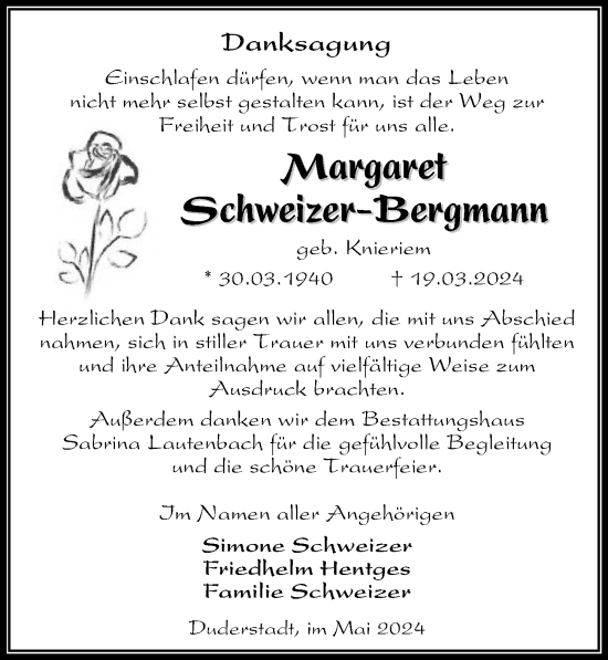 Traueranzeige von Margaret Schweizer-Bergmann von Eichsfelder Tageblatt