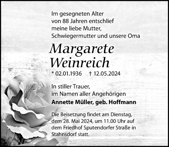 Traueranzeige von Margarete Alter von Märkischen Allgemeine Zeitung