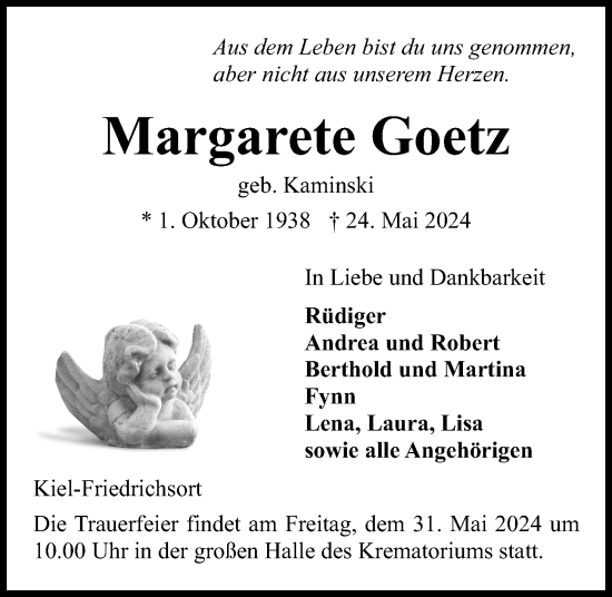 Traueranzeige von Margarete Goetz von Kieler Nachrichten