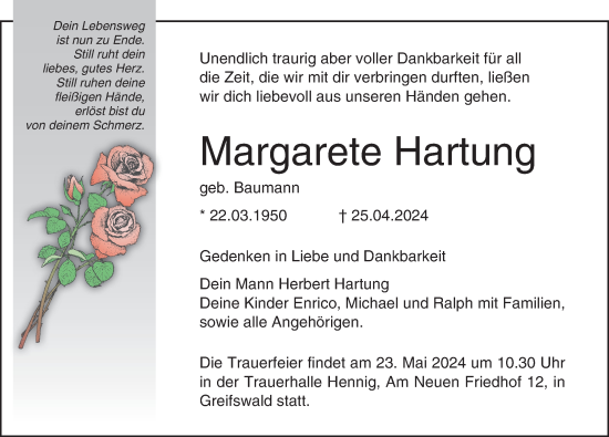 Traueranzeige von Margarete Hartung von Ostsee-Zeitung GmbH