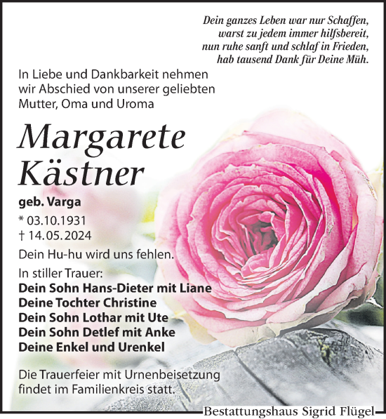 Traueranzeige von Margarete Kästner von Leipziger Volkszeitung