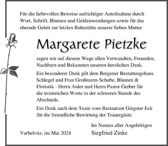 Traueranzeige von Margarete Pietzke von Ostsee-Zeitung GmbH