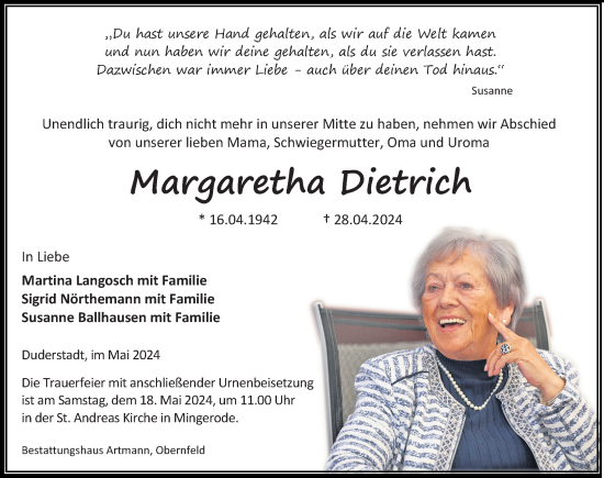 Traueranzeige von Margaretha Dietrich von Eichsfelder Tageblatt