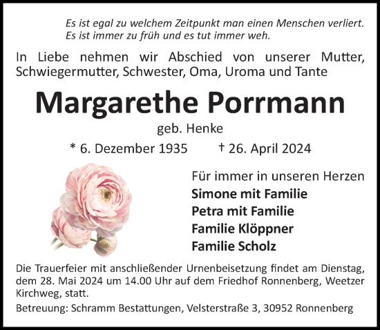 Traueranzeige von Margarethe Porrmann von Hannoversche Allgemeine Zeitung/Neue Presse