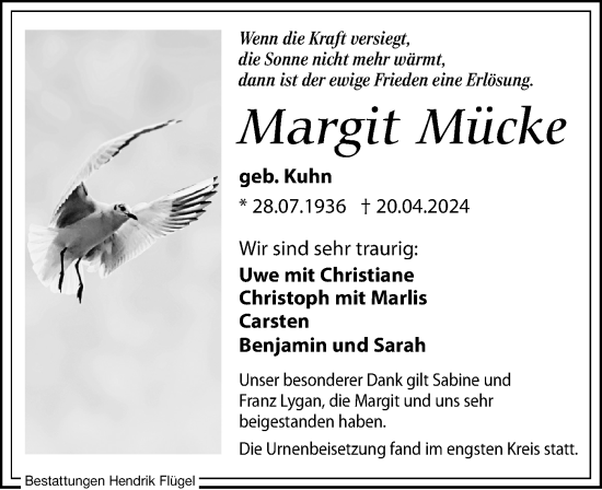 Traueranzeige von Margit Mücke von Leipziger Volkszeitung
