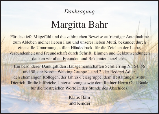 Traueranzeige von Margitta Bahr von Ostsee-Zeitung GmbH