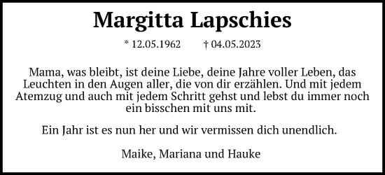 Traueranzeige von Margitta Lapschies von Göttinger Tageblatt