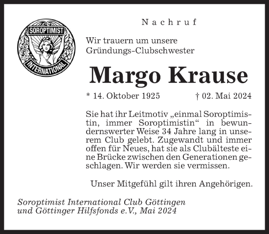 Traueranzeige von Margo Krause von Göttinger Tageblatt