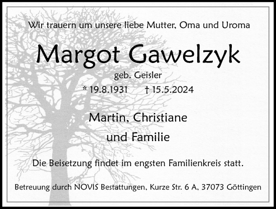 Traueranzeige von Margot Gawelzyk von Göttinger Tageblatt
